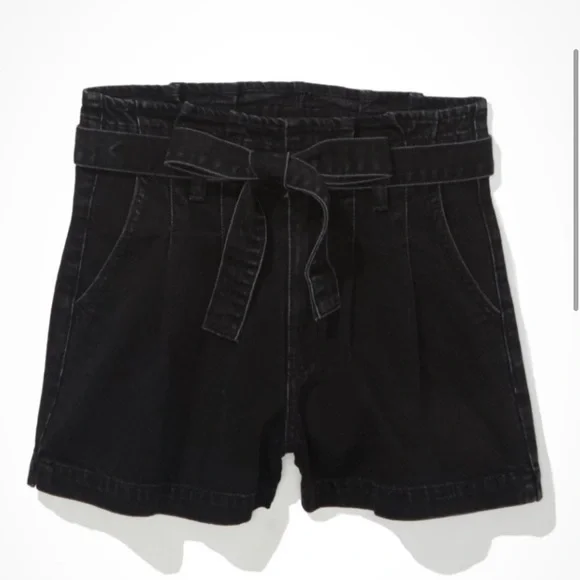 AE Paperbag Denim Mom cotton Short, high rise with belt, Onyx Black, size 6 - Picture 3 of 8